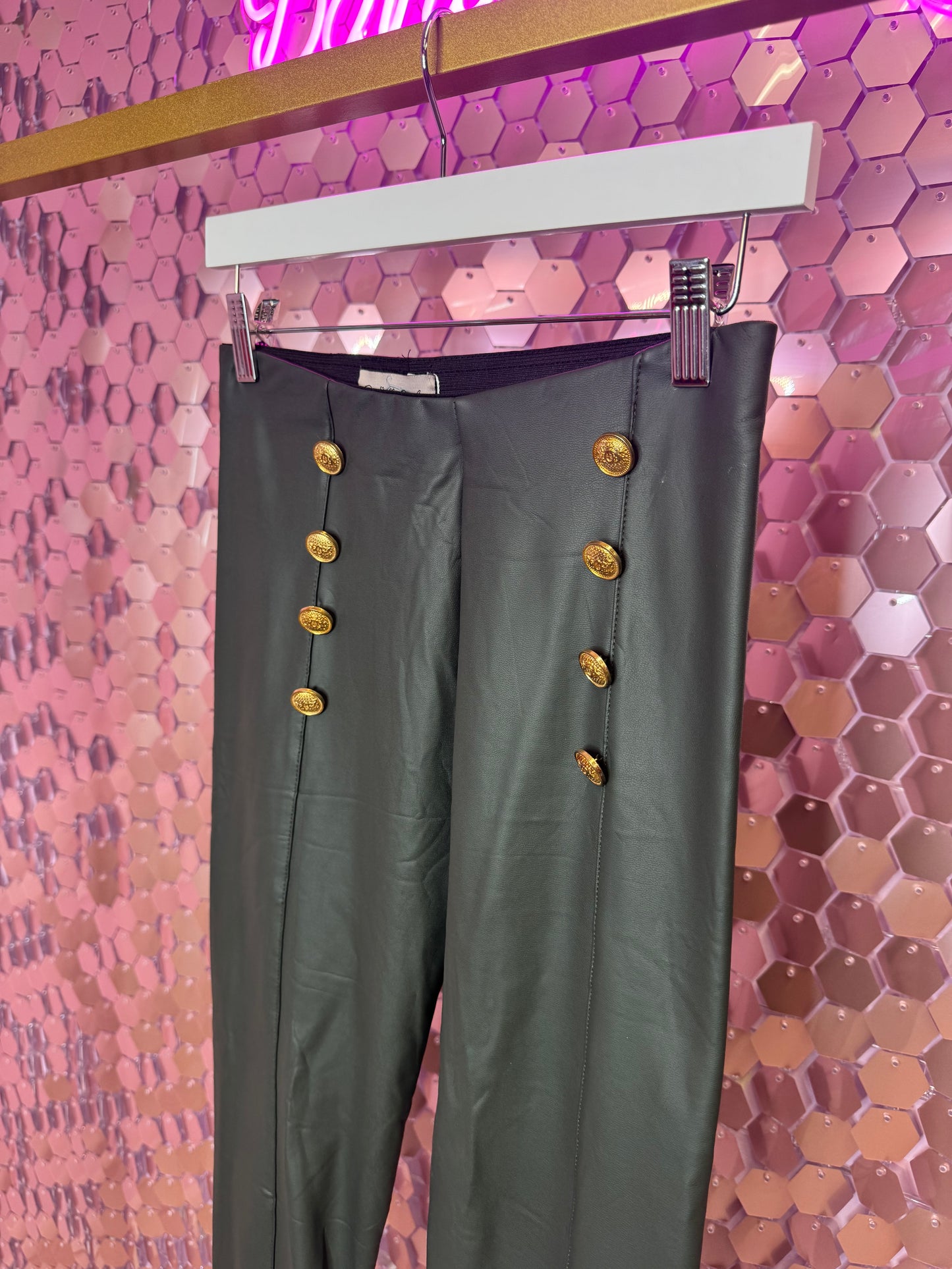 Gold Button Leather Leggings