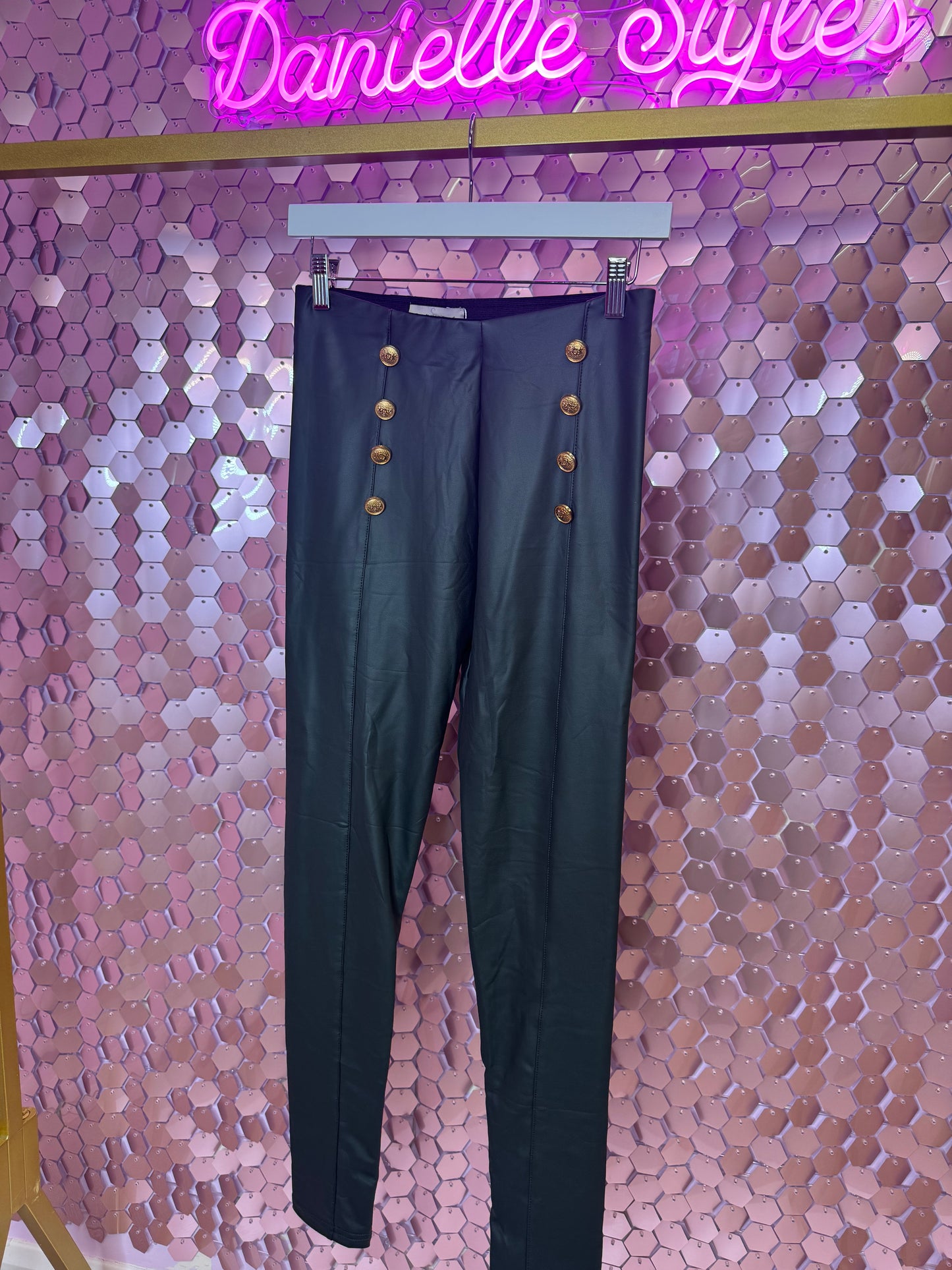 Gold Button Leather Leggings